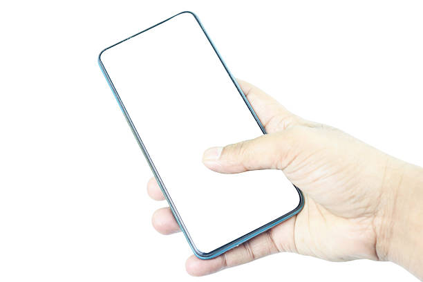 istock Closeup of a hand holding a smartphone with a white, empty screen, isolated 2242774126
