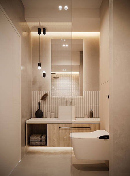 istock Modern minimalist bathroom interior with warm neutral tones and soft ambient lighting. 2242776537