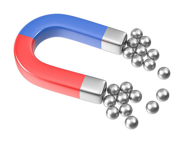 Isolated blue and red horseshoe magnets set at different angles. 3D rendering