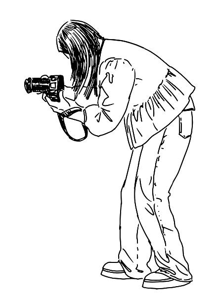 istock One young modern city girl photographing on camera outdoors, creative hobby, side view, vector outline hand drawn illustration 2242781330