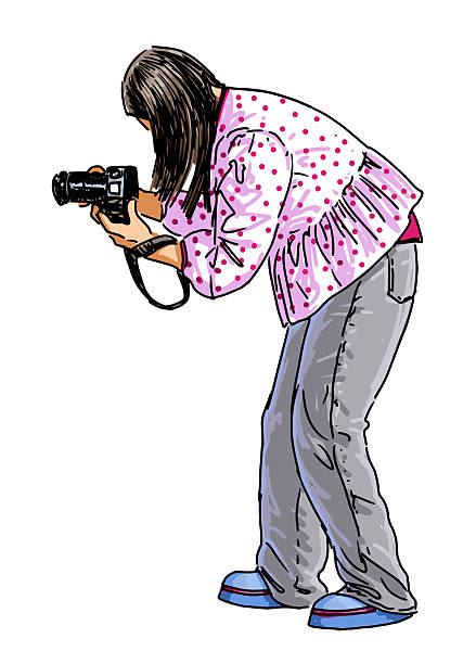 istock One young modern city girl photographing on camera outdoors, creative hobby, side view, vector hand drawn illustration 2242781335