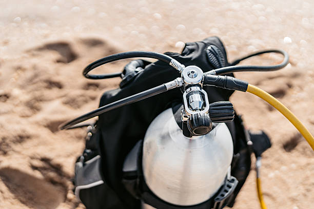 An oxygen tank backpack on the beach in Miami, Florida in USA.