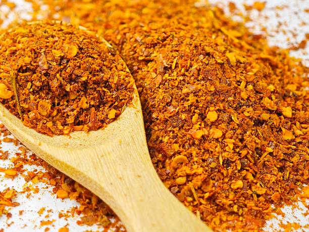 Chili flake on wooden spoon.
