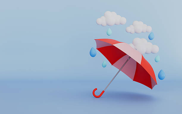 istock Red umbrella with rain and clouds, Puddles and raindrops isolated on white background 2242783034