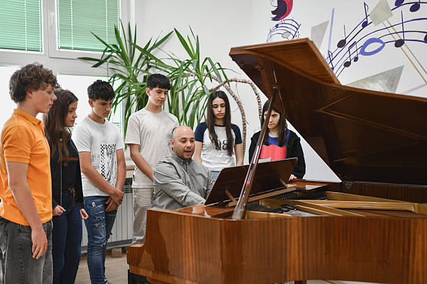 istock Professor Talking With Group Of Students Gathered Around Piano In Music Class 2242789075