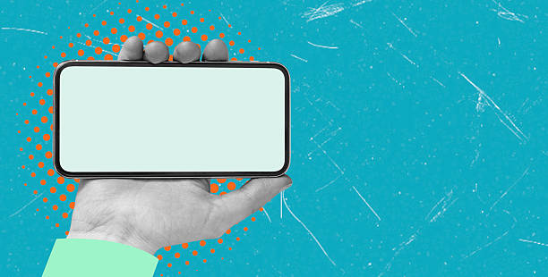istock Art collage, A hand holds an empty smartphone against a bright blue and orange background with a modern design. 2242790917