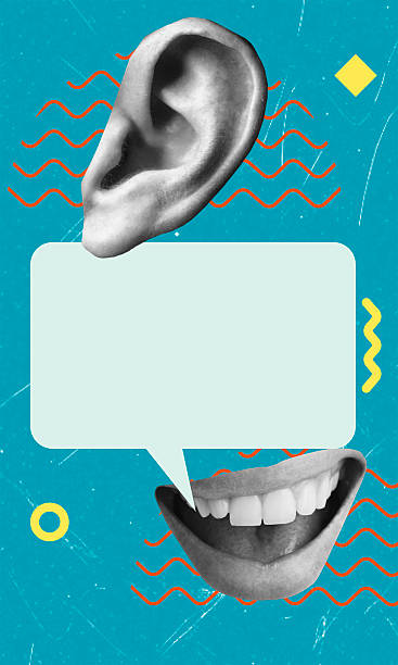 istock Art collage, Creative design showcasing ear and mouth elements with a blank speech bubble against a vibrant blue background 2242790919