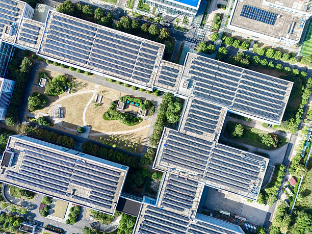 istock Solar panels on factory rooftop 2242791501
