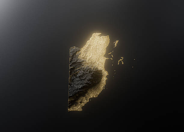 Belize Map Golden Metallic Texture Map Gold Reserves And Gold Mining Concept 3D IllustrationSource Map Data: tangrams.github.io/heightmapper/,Software Cinema 4d