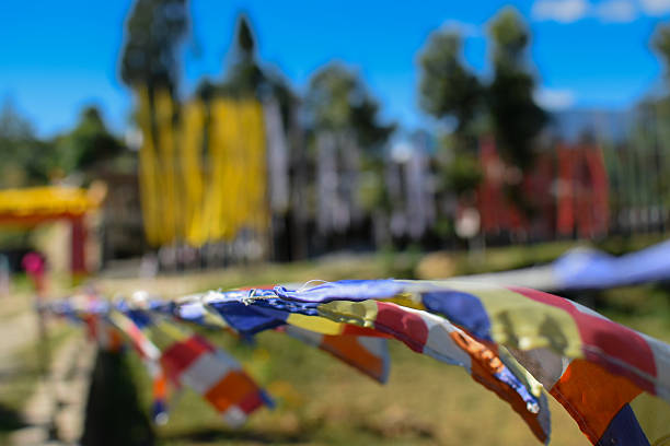 istock Colourful Buddhist prayer flags flying at beautiful Rinchen Chholing Monastery with , clear blue sky and Himalayan mountains in background. 2242792907