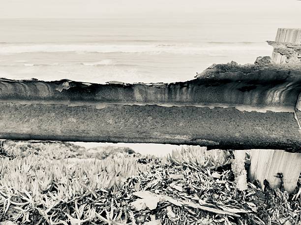 A black and white photograph of a rusted guard rail with the Pacific Ocean and coast visible in the distance in Carlsbad, CA.