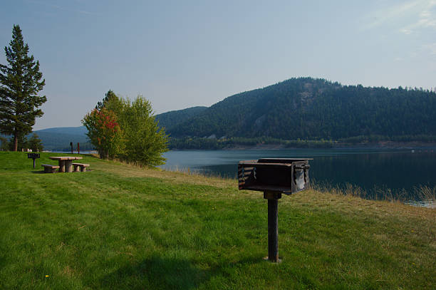 Rusty Outdoor Grill in a Green Grass Park Setting, Standing Alone in an Open Field Mountains and Lake