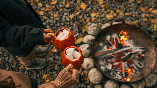 istock Cozy autumn scene with marshmallows in pumpkin mugs by a campfire 2242810233