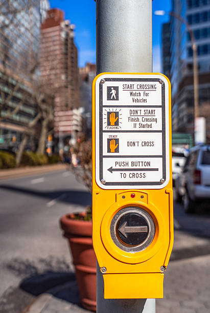 istock Pedestrian crossing sign and button 2242812200