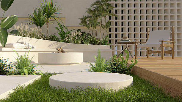 istock 3D modeling and rendering of luxury backyard design, White podium in field product presentation Stone platform of patio, seating area, terrace design 2242813227