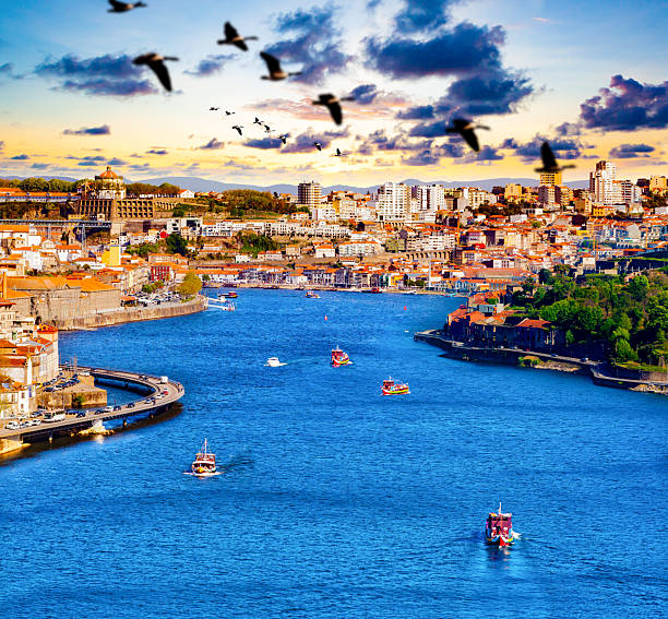 Oporto city and Ribeira over Douro river from Vila Nova de Gaia, Portugal.