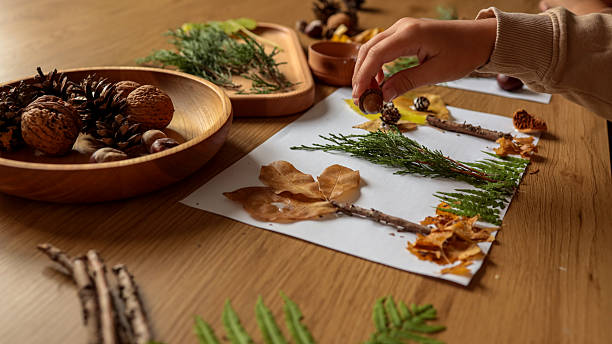 istock Child crafting with natural materials on a wooden table 2242814264