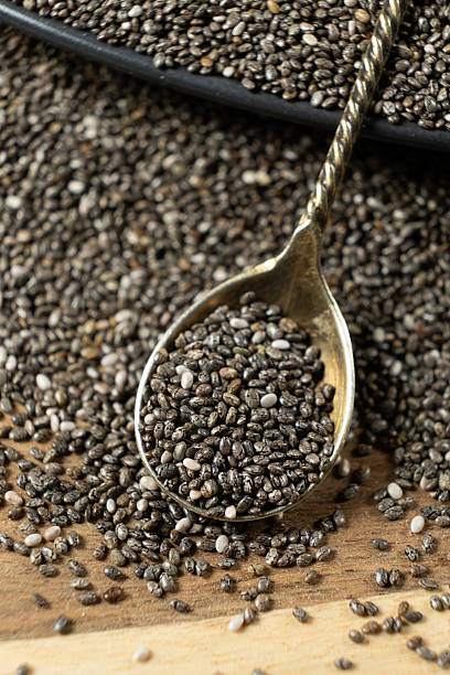 istock Chia seeds in a spoon on a wooden background, close-up. 2242815065