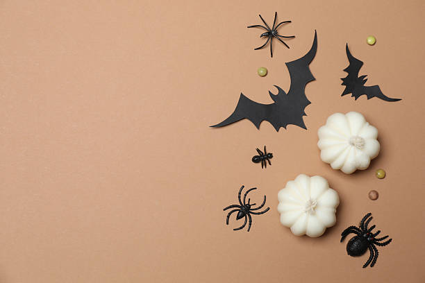 Elegant Halloween decor. Top view capturing thematic elements: small orange and golden pumpkins, insects, scary spiders, cobwebs, bats. Empty space for greetings or promotions.