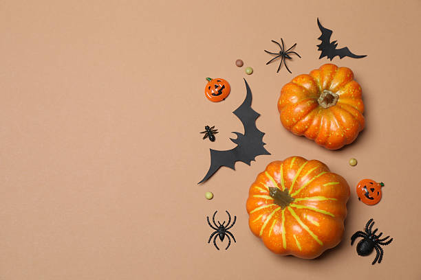istock Elegant Halloween decor. Top view capturing thematic elements: small orange and golden pumpkins, insects, scary spiders, cobwebs, bats. Empty space for greetings or promotions. 2242819502