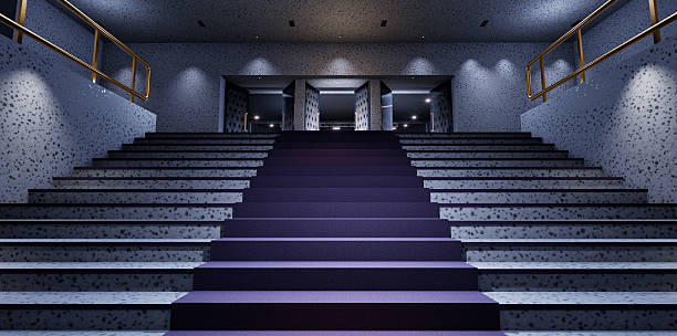 Neon Light Staircase on Purple Background. Ladder of Success Futuristic concept.