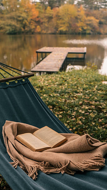 istock Relaxing autumn scene with a book in a hammock by a lake 2242830148