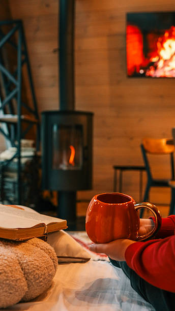 istock Cozy cabin scene with a warm mug, fireplace, and a good book 2242830381