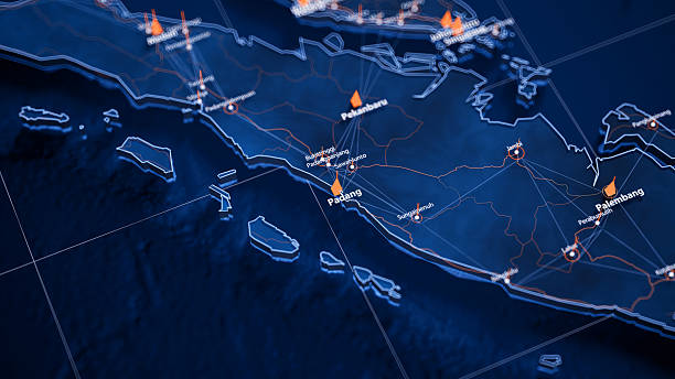 istock Padang map big data visualization. Futuristic map infographic of city in Indonesia. Visual map data complexity in modern blue and orange colors 2242834322