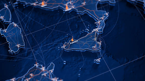 istock Palermo map big data visualization. Futuristic map infographic of city in Italy. Visual map data complexity in modern blue and orange colors 2242834661
