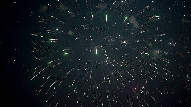 istock Shimmering Golden and blue Fireworks Over Black Background 2242839962