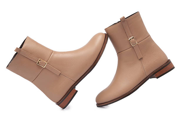 Beige Leather Women's Boots On White Background