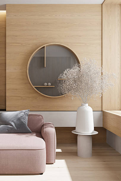 istock Japandi Living Room Interior with Natural Pine Wall Texture and Natural Styling 2242851285