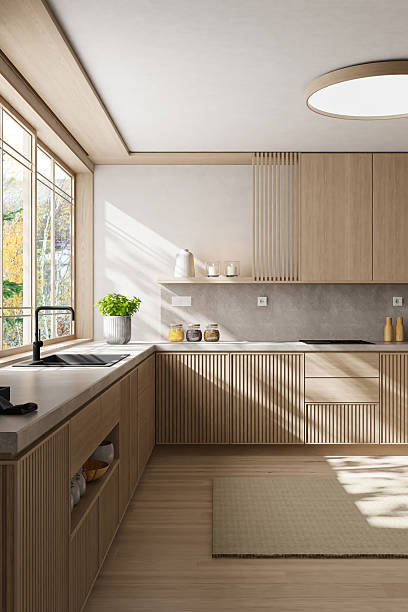 istock Japandi Kitchen Interior with Pine Wood and Minimalist Styling 2242854579