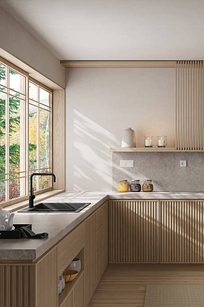 istock Japandi Kitchen Interior with Pine Wood and Minimalist Styling 2242854675
