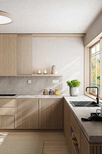 istock Japandi Kitchen Interior with Pine Wood and Minimalist Styling 2242854705