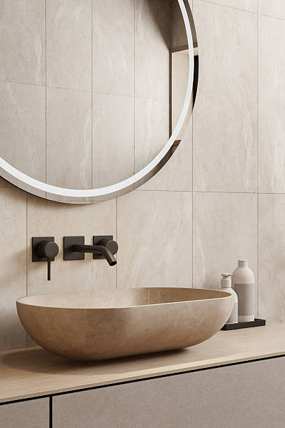 istock Japandi Bathroom Interior with Natural Materials and Minimalist Design 2242856777