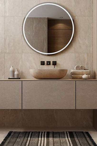 istock Japandi Bathroom Interior with Natural Materials and Minimalist Design 2242857414