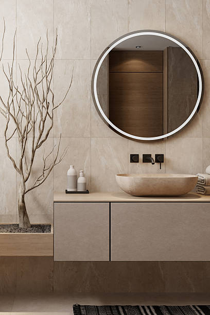istock Japandi Bathroom Interior with Natural Materials and Minimalist Design 2242857415