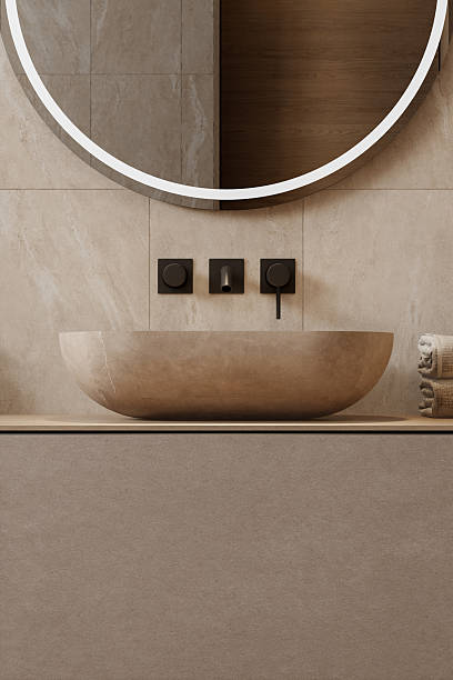 istock Japandi Bathroom Interior with Natural Materials and Minimalist Design 2242857422
