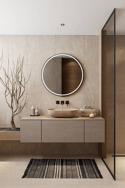 istock Japandi Bathroom Interior with Natural Materials and Minimalist Design 2242857478