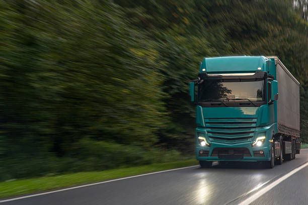 istock Cargo truck on wet forest road at speed. Logistics on route. 2242861040