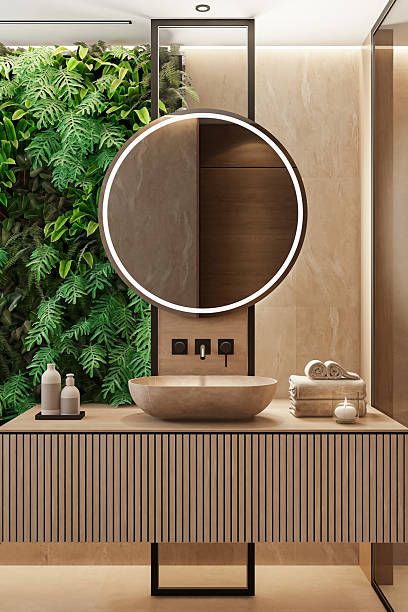 istock Japandi Bathroom Interior with Natural Stone and Vertical Garden 2242862832