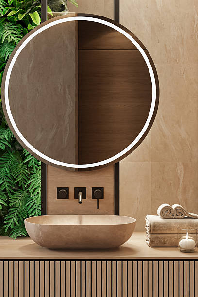 istock Japandi Bathroom Interior with Natural Stone and Vertical Garden 2242862856