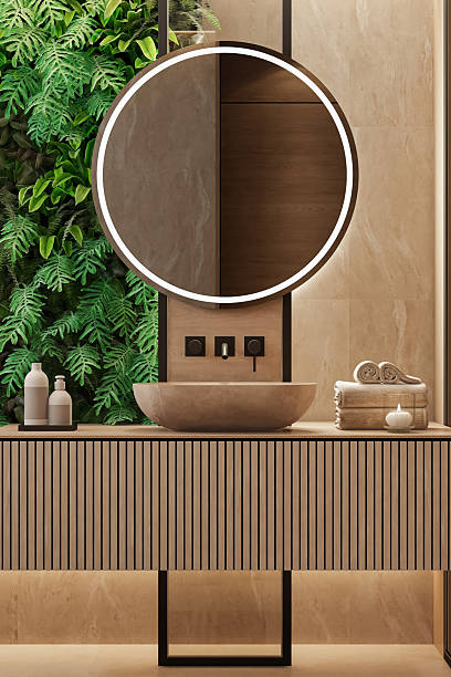 istock Japandi Bathroom Interior with Natural Stone and Vertical Garden 2242862883