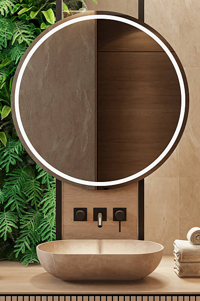 istock Japandi Bathroom Interior with Natural Stone and Vertical Garden 2242862889