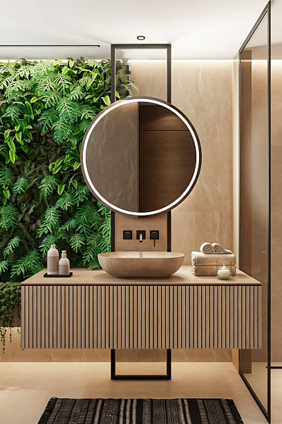 istock Japandi Bathroom Interior with Natural Stone and Vertical Garden 2242863410