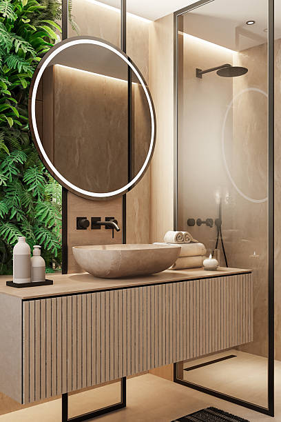 istock Japandi Bathroom Interior with Natural Stone and Vertical Garden 2242863923