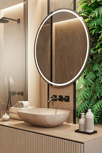 istock Japandi Bathroom Interior with Natural Stone and Vertical Garden 2242863963