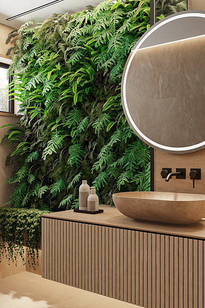 istock Japandi Bathroom Interior with Natural Stone and Vertical Garden 2242863969