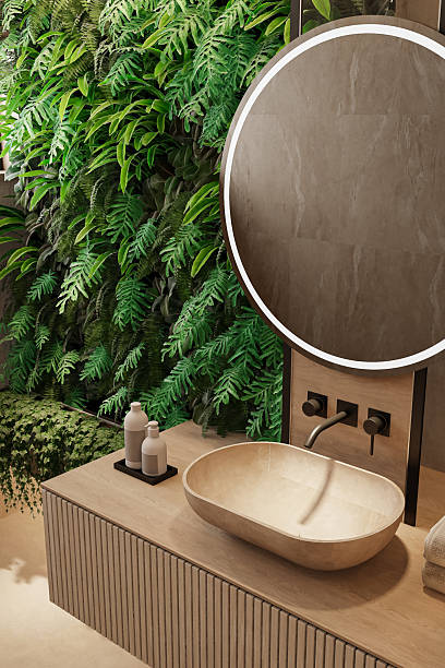 istock Japandi Bathroom Interior with Natural Stone and Vertical Garden 2242863999
